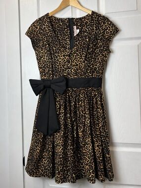 [m] Deadly Dames Leopard Print Fit Flare Dress Bow Waist USA Pinup Cheetah